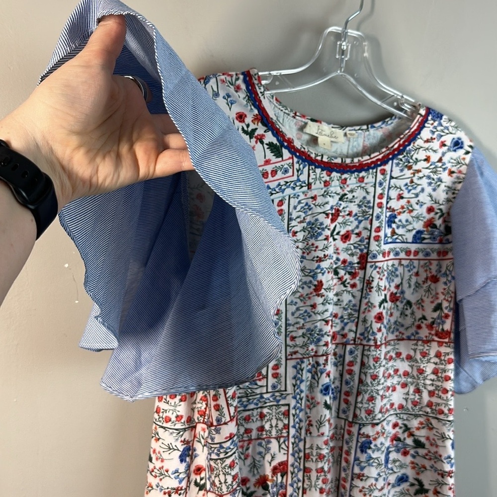 Anthropologie Let Me Be Floral Chambray Ruffle Flutter Sleeve Tee Blouse‎ Size S - Picture 12 of 14